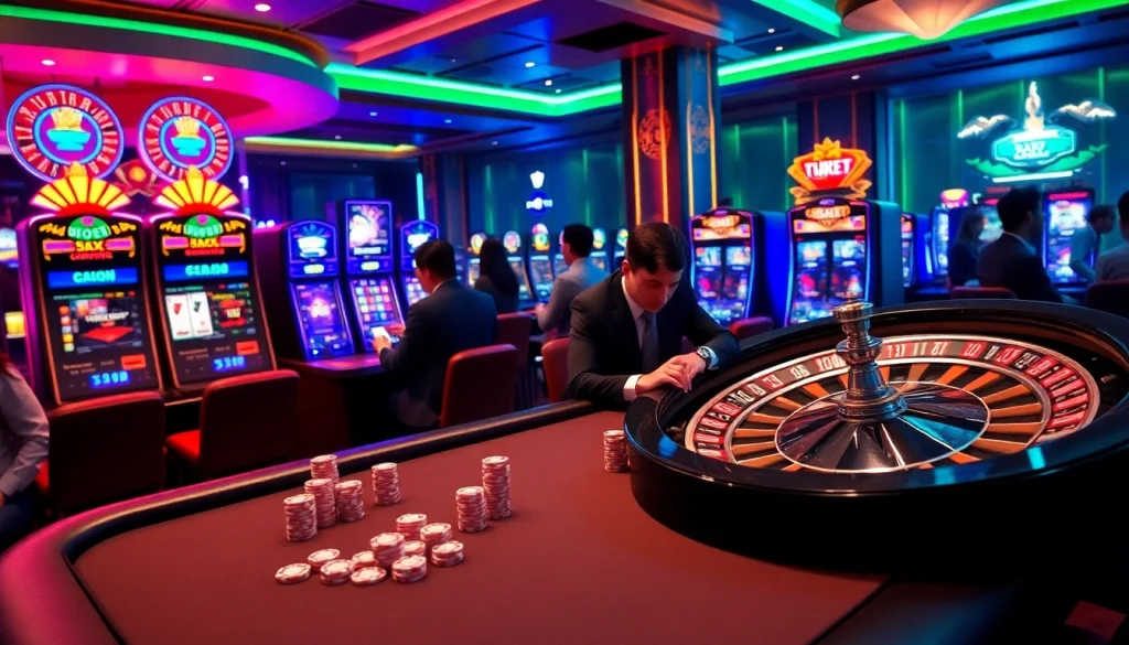 Engage with high-stakes gaming at https://9bet0.us.com/ featuring vibrant poker tables and flashing slot machines.