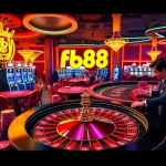 Engaging casino atmosphere with Fb88 branding, featuring roulette, poker players, and vibrant slot machines.