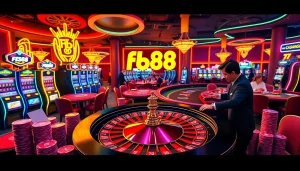 Engaging casino atmosphere with Fb88 branding, featuring roulette, poker players, and vibrant slot machines.