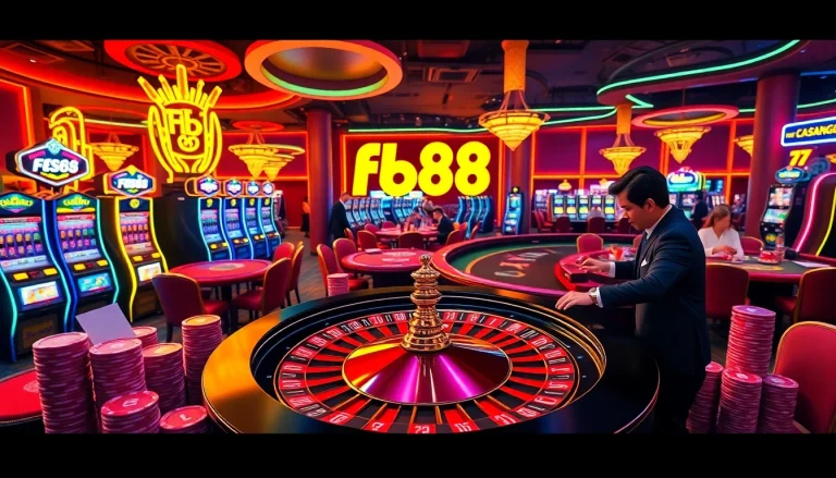 Engaging casino atmosphere with Fb88 branding, featuring roulette, poker players, and vibrant slot machines.