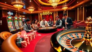Engage in thrilling gameplay at u888hv.com, featuring vibrant casino tables, colorful chips, and exciting slot machines.