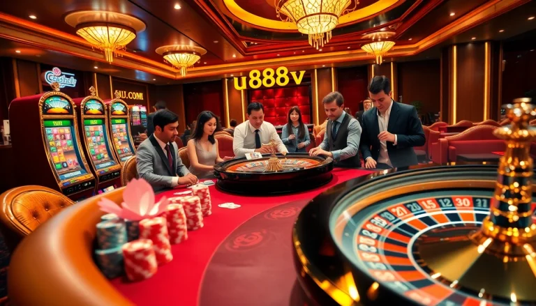 Engage in thrilling gameplay at u888hv.com, featuring vibrant casino tables, colorful chips, and exciting slot machines.
