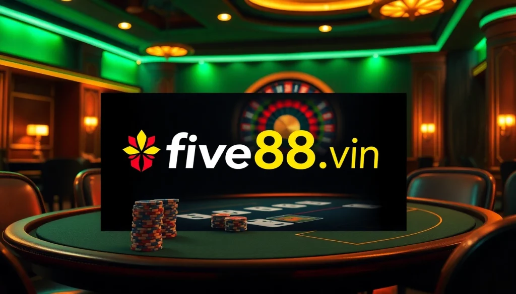 Engage in high-stakes gambling at five88 .vin with vibrant casino tables, poker chips, and a dynamic roulette wheel.