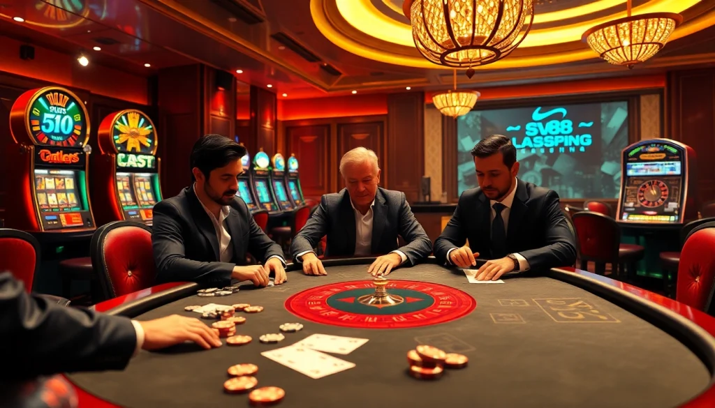 Engaging casino game scene at sv88 nhà cái with poker players, chips, and roulette wheel.