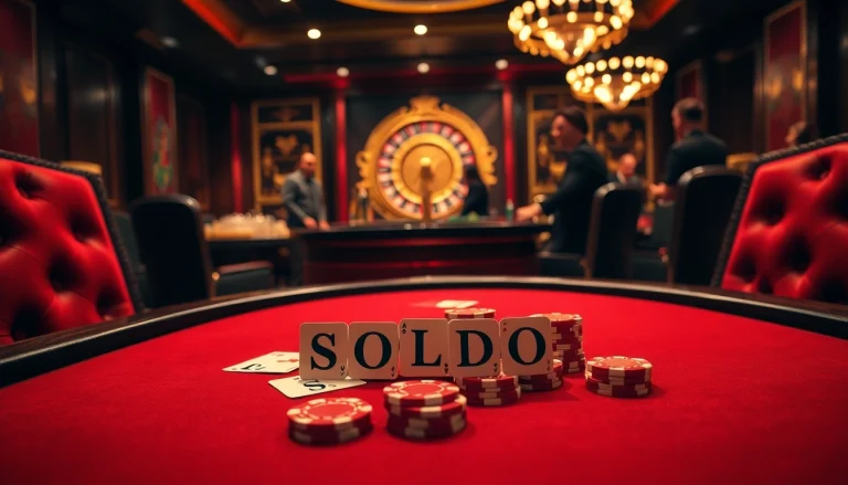 SODO casino scene showcasing a luxurious gaming table with poker chips and cards in an upscale environment.