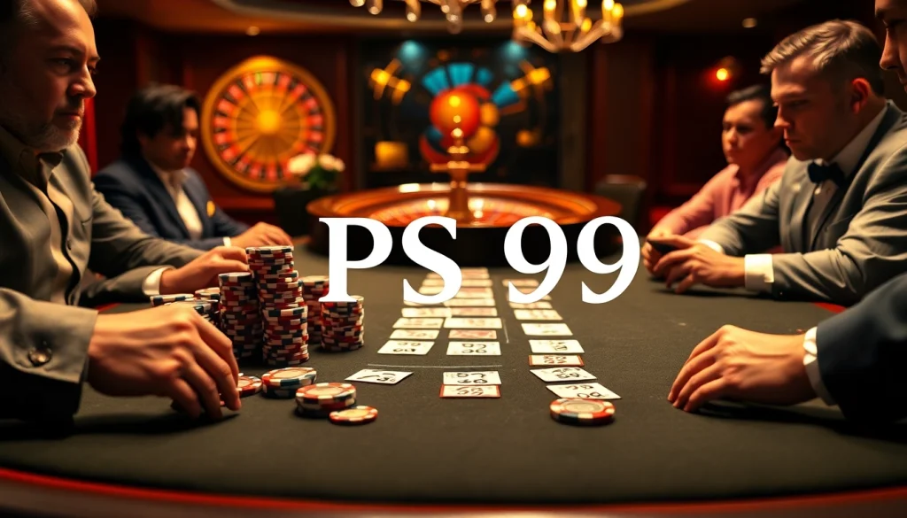 Players engage in thrilling poker action at PS 99's luxurious casino with vibrant lights.