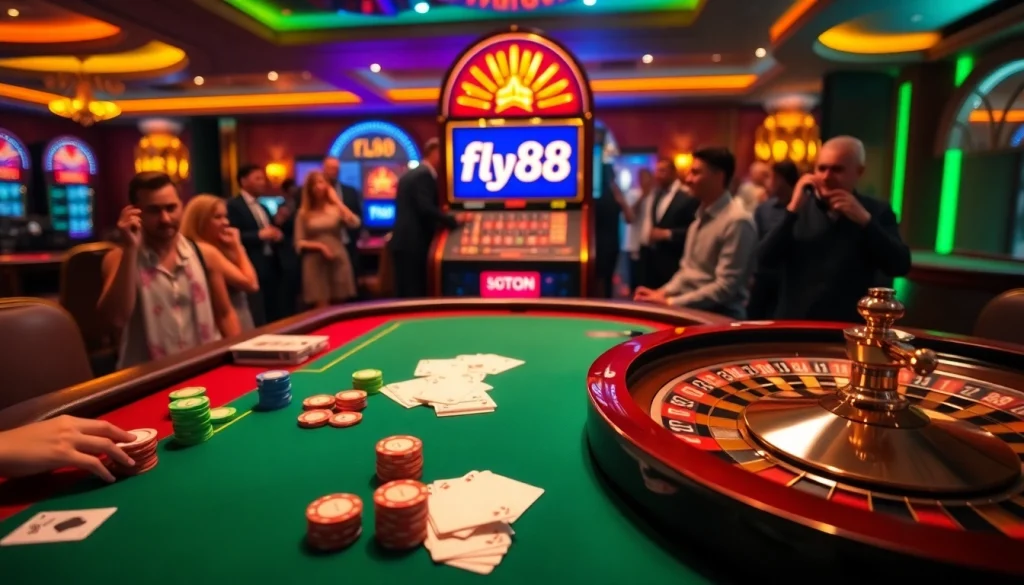 fly88 poker table with vibrant chips and cards, showcasing luxury gambling experience
