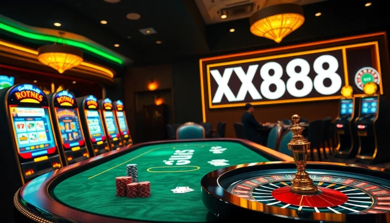 Experience the thrill of poker at the XX88 casino table featuring vibrant lights and luxury.