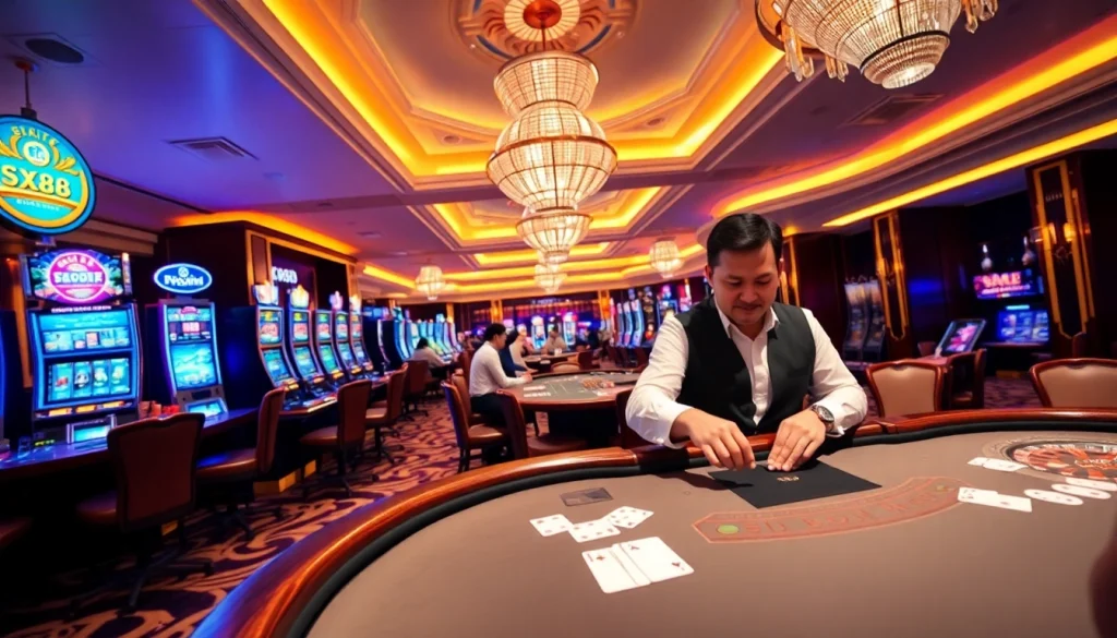 SX88-themed luxury casino with vibrant slot machines and professional dealers engaging with players.