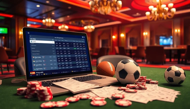 Kèo Bóng Đá odds showcased on a gambling interface amidst poker chips and betting slips.