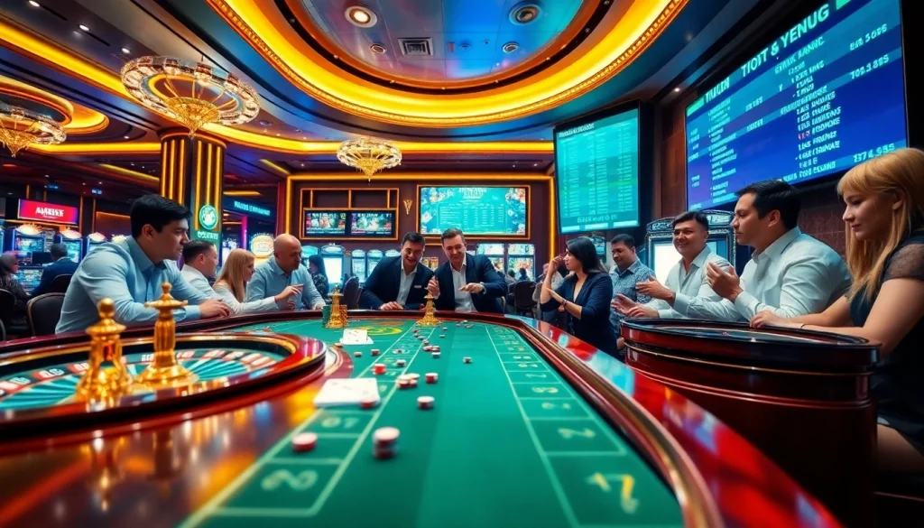 Engaged gamblers analyzing tỷ lệ bóng at a vibrant casino betting table.