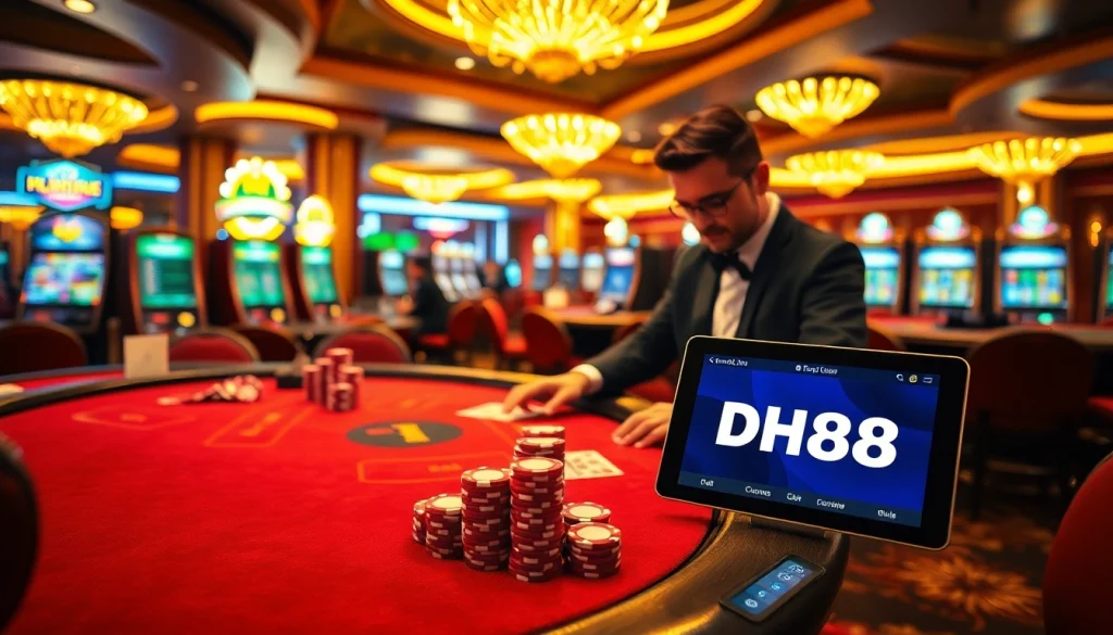 Exciting online gambling action at website dh88 with vibrant casino tables and poker chips.