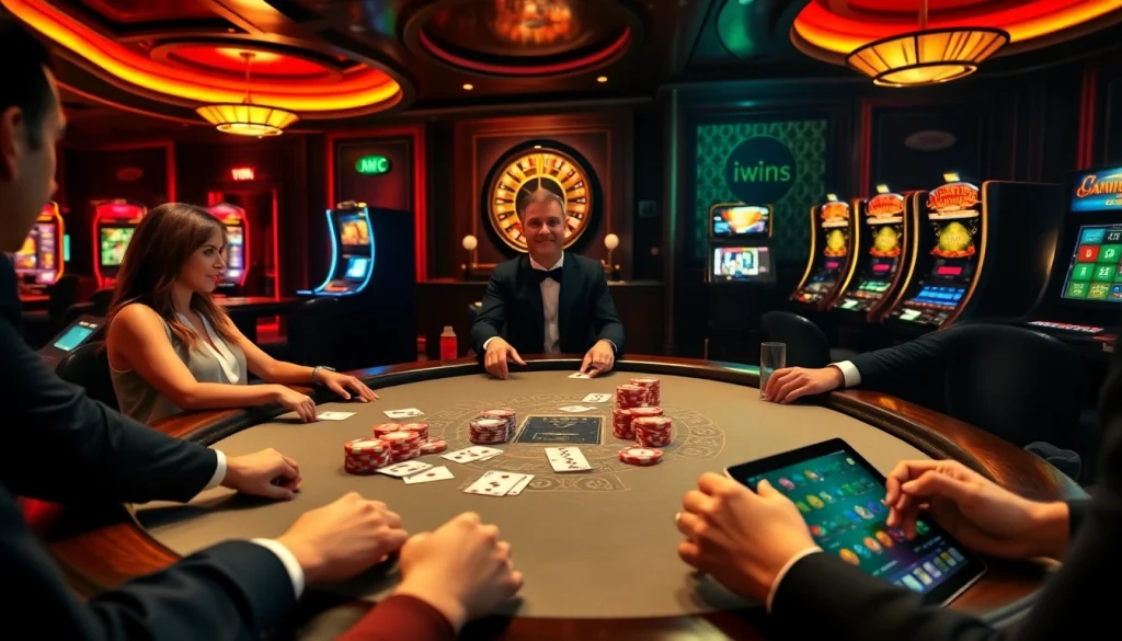 Players celebrating a win at the iwins poker table, colorful chips and cards enhancing the excitement.