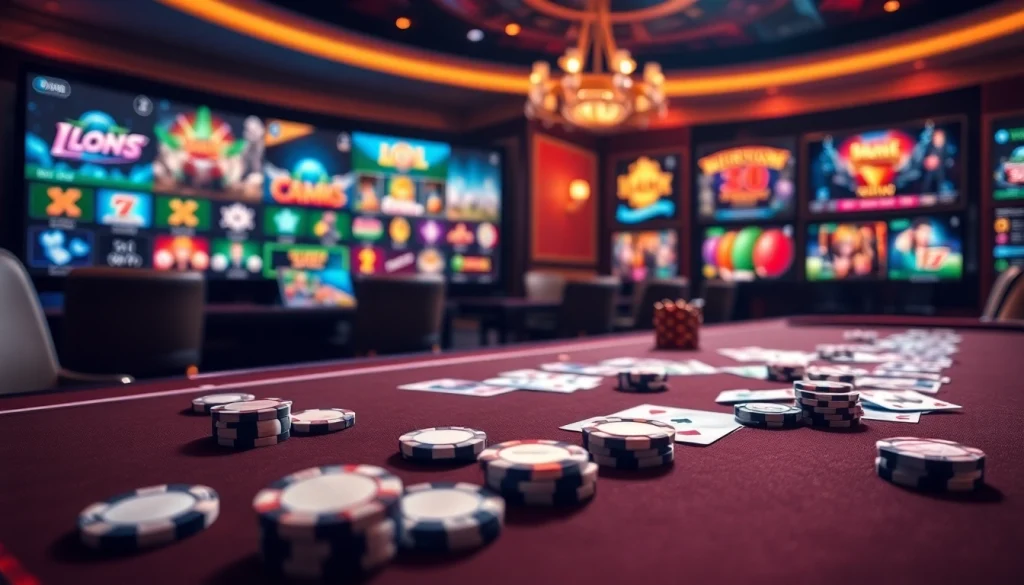 Experience the excitement of online gambling at https://88vv.jpn.com/ with a vibrant casino scene showcasing poker chips and cards.