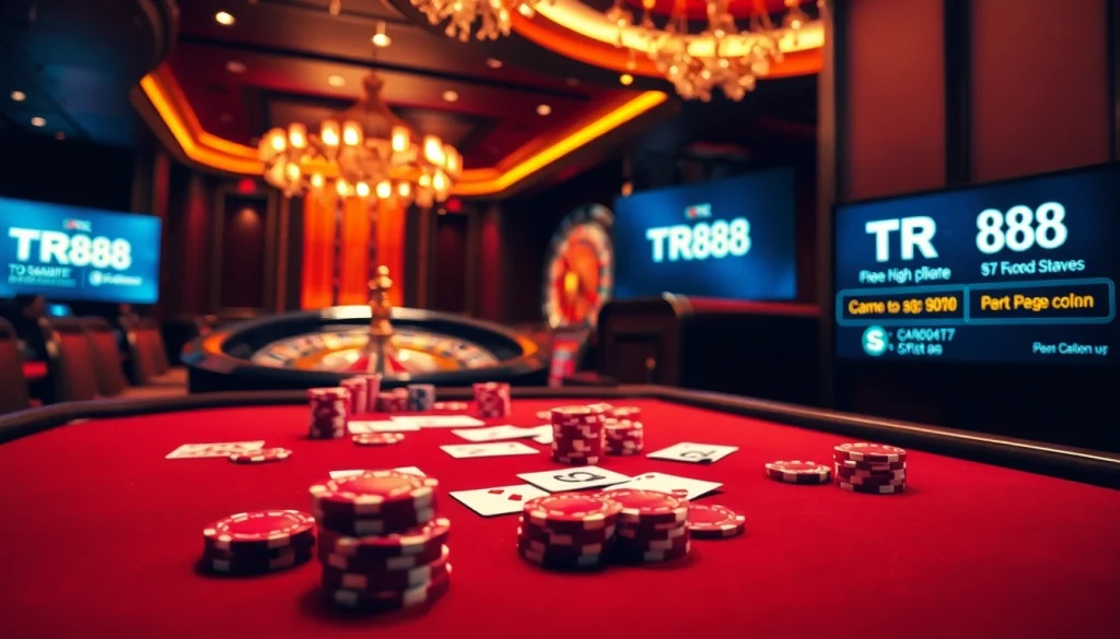 TR88 players enjoying a high-stakes poker game with vibrant chips and cards.