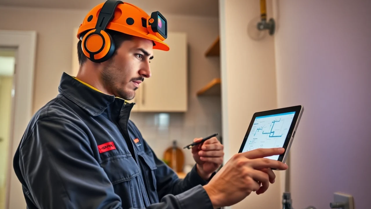 Leak detection technician using advanced equipment for precise power flush assessments in a domestic property.