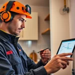 Leak detection technician using advanced equipment for precise power flush assessments in a domestic property.