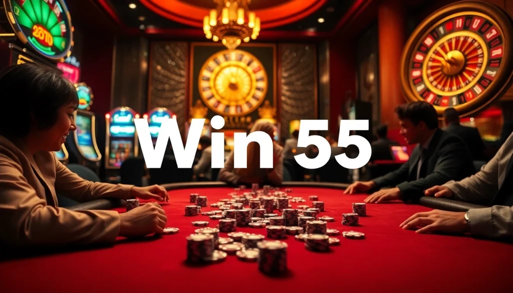 Win55 players enjoying a high-stakes poker game with vibrant casino elements in a luxurious setting.