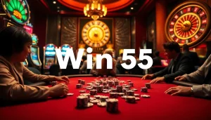 Win55 players enjoying a high-stakes poker game with vibrant casino elements in a luxurious setting.