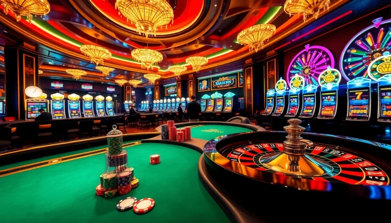 A glamorous casino scene with players engaging in poker, featuring https://keobongda2.vip/ and vibrant roulette wheels.
