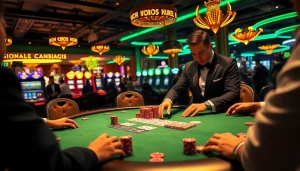 KUBET77 online gambling interface showcasing a luxurious poker table with colorful chips and elegant players.