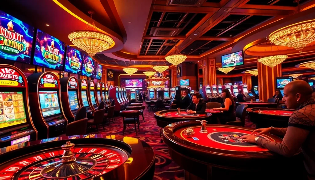 Engaged players at fun79 casino with vibrant slot machines and poker tables.