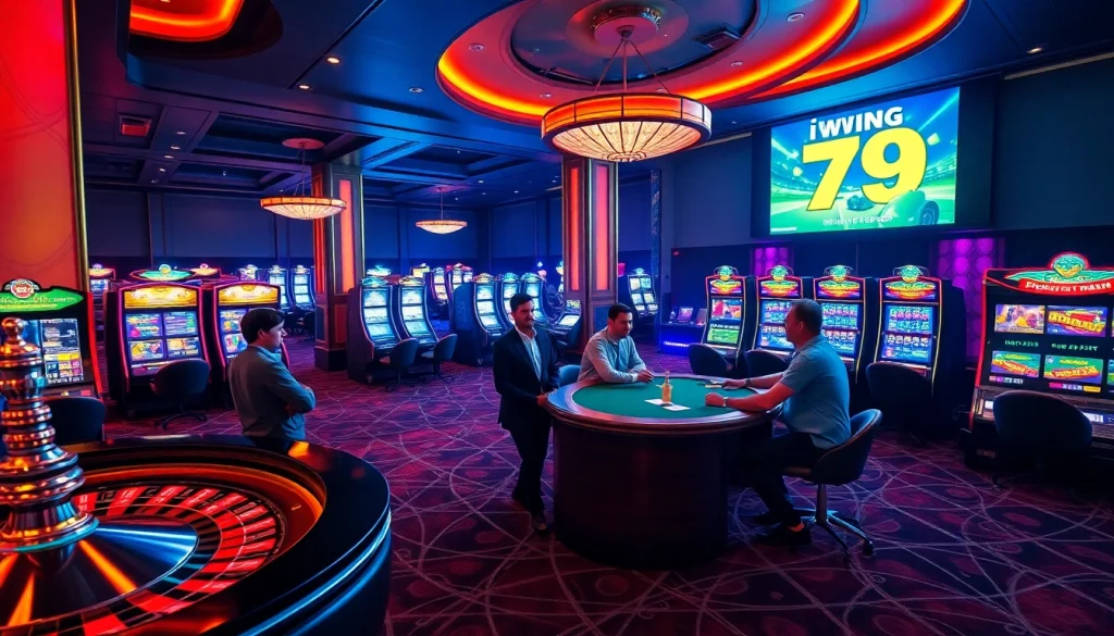 Experience the excitement of iwin 79 with players enjoying high-stakes poker at a luxury casino.