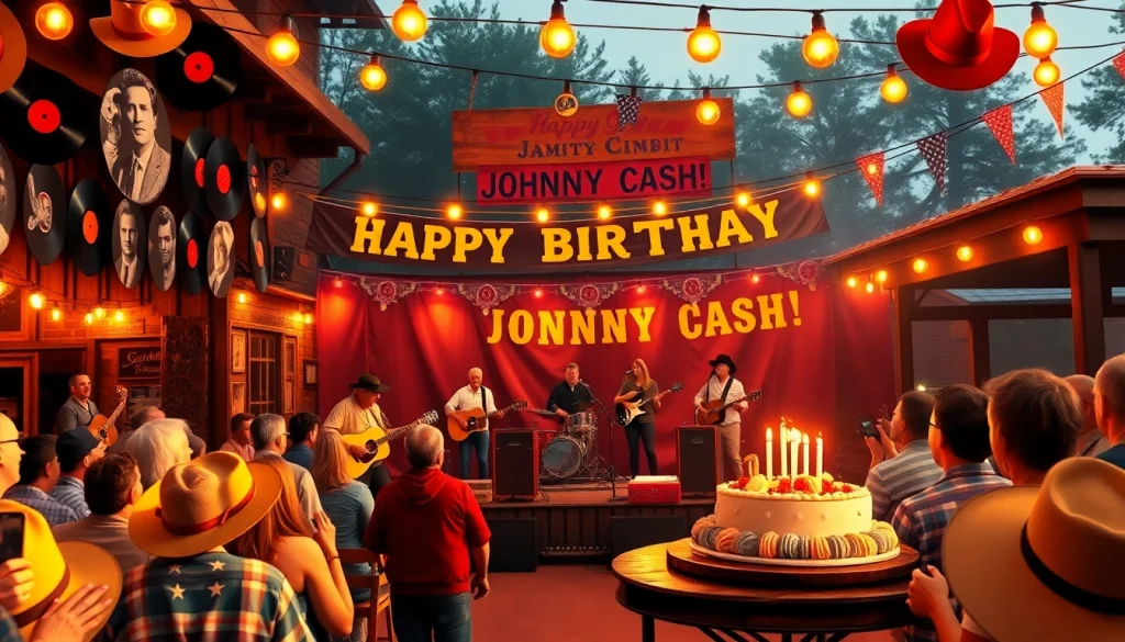 Exciting Johnny Cash birthday celebration scene at johnnycashbirthday.com, featuring live music and festive decor.