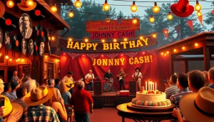 Exciting Johnny Cash birthday celebration scene at johnnycashbirthday.com, featuring live music and festive decor.