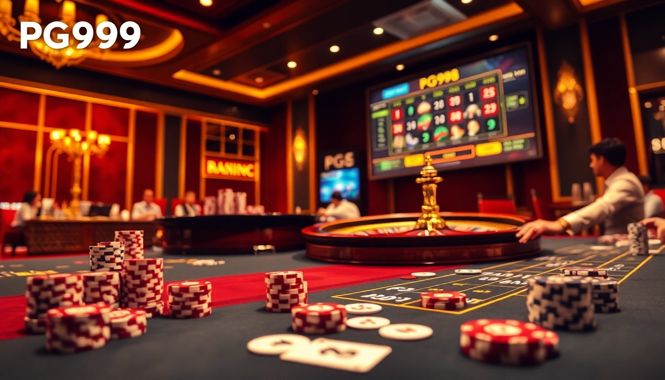 Exciting gaming scene at Nhà cái uy tín PG99 casino, featuring poker and roulette tables.