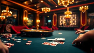 Engaging scene of game bài at a lavish casino with players and vibrant poker chips.