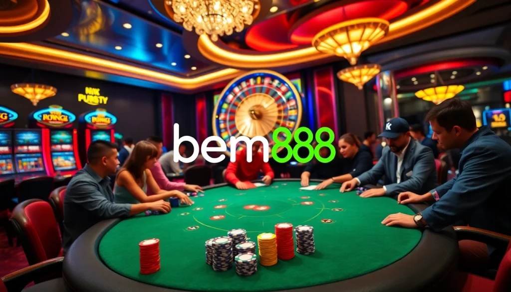 Bets being placed at a thrilling bem88 casino table game featuring poker chips and action.