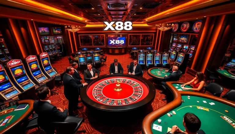 High-stakes action at XX88 casino with roulette, poker chips, and slot machines.
