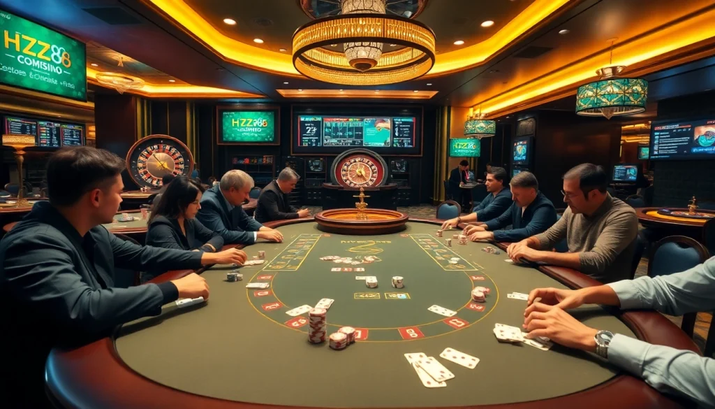 Experience the excitement of gambling at https://hz88.gb.net/ with players as they strategize at a vibrant poker table.