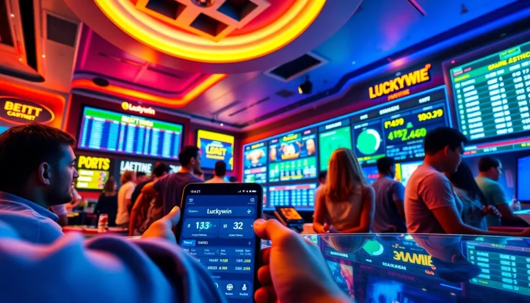 Experience the excitement of online gaming at Luckywin with vibrant visuals of sports betting and casino games.