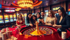 Excited players experience the thrill of winning at XX88 COM with roulette and vibrant casino elements.
