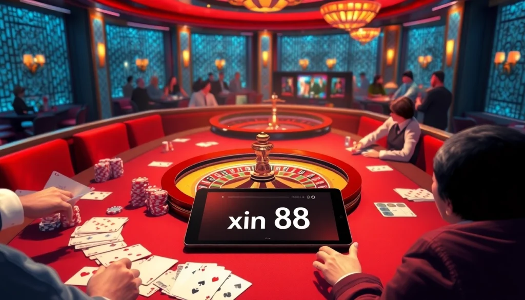 Players engaging in poker and roulette at an elegant casino featuring xin 88 gambling elements.
