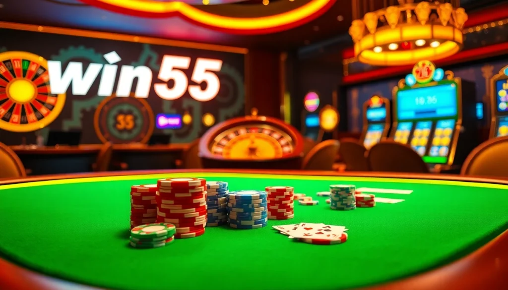 Experience win55 gameplay excitement at this vibrant casino table with poker chips and cards.