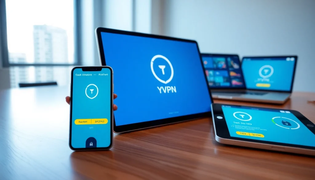 在现代化工作空间的多设备上展示的快连VPN，强调安全性与速度。