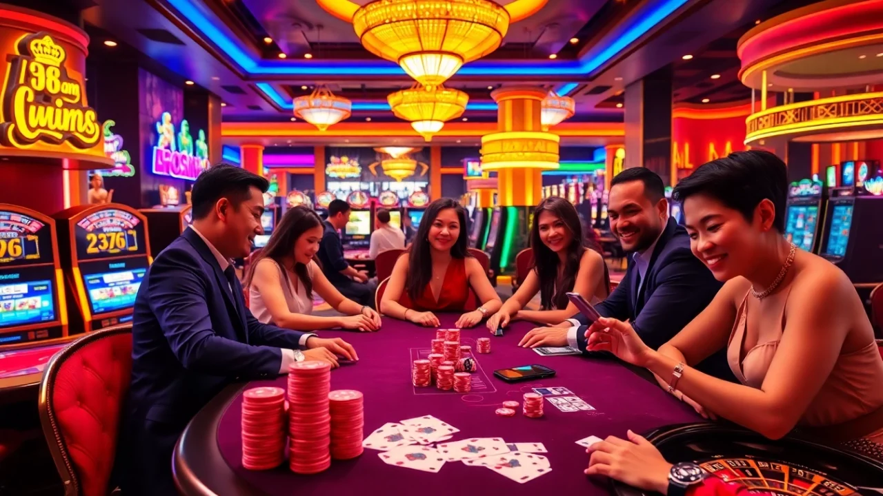 Enjoying a thrilling game at 98win com with vibrant casino ambiance and engaging players.