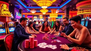 Enjoying a thrilling game at 98win com with vibrant casino ambiance and engaging players.