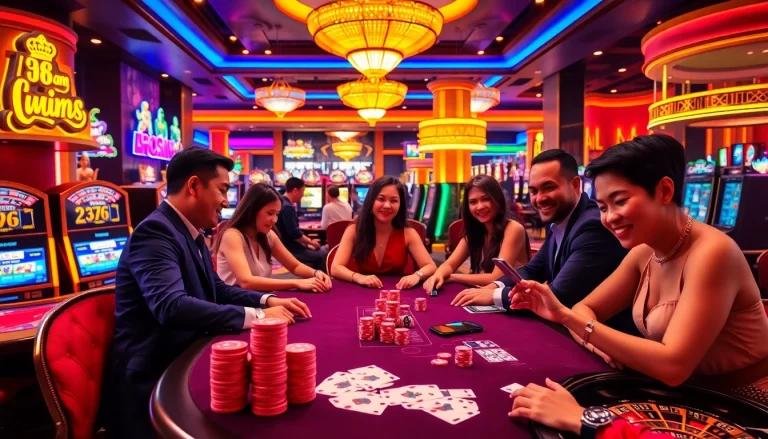 Enjoying a thrilling game at 98win com with vibrant casino ambiance and engaging players.