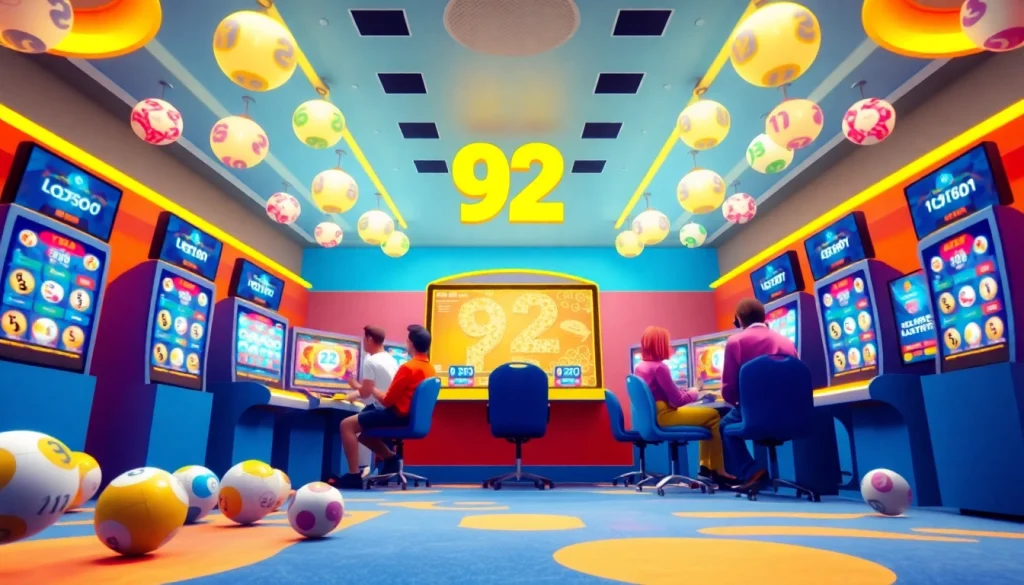 Vibrant online gaming scene featuring 92 lottery balls and cheerful players