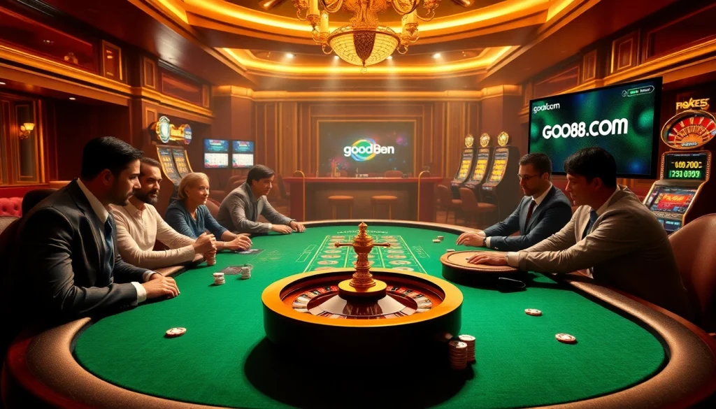 Gambling enthusiasts enjoying a luxurious poker game at good88.com casino, showcasing excitement and strategy.