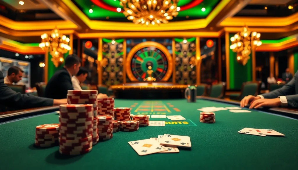 Experience the thrill of poker at the okking casino, with engaged players and glimmering chips.