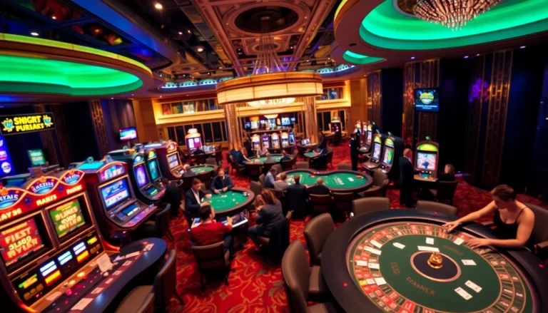 Players enjoying an exciting game night at the nk88 casino, surrounded by colorful gaming tables and slot machines.