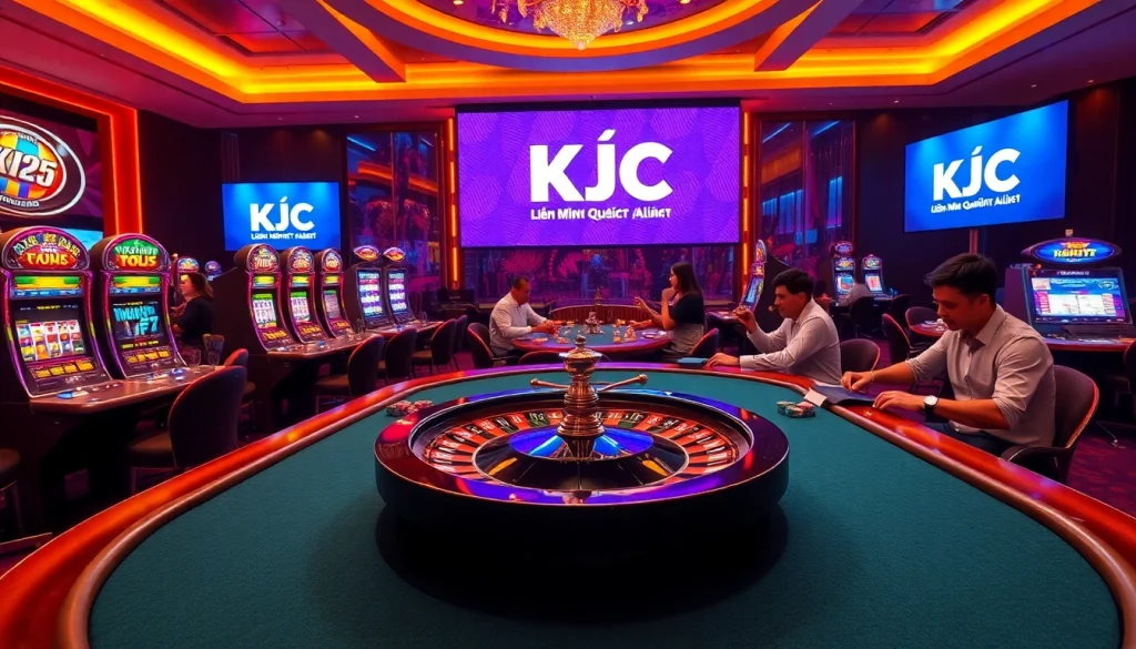 Experience the thrill of Liên Minh Quốc Tế KJC at an exciting casino scene featuring poker, slots, and roulette.