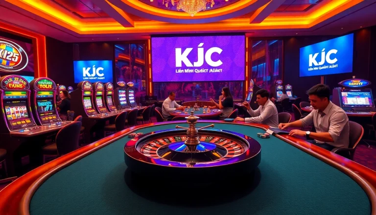 Experience the thrill of Liên Minh Quốc Tế KJC at an exciting casino scene featuring poker, slots, and roulette.