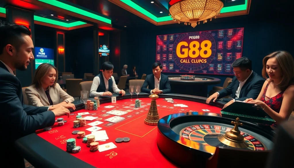 Action-packed casino scene with PG88 branding, showcasing poker chips and players at the table.