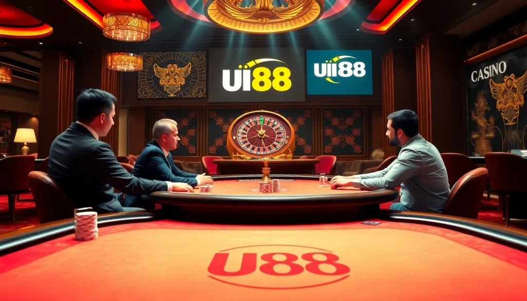 UU88 players enjoying a thrilling poker game at a luxurious casino table.